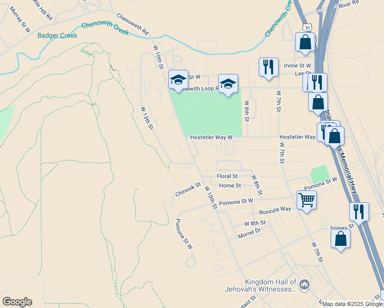 map of restaurants, bars, coffee shops, grocery stores, and more near 3326 West 10th Street in The Dalles