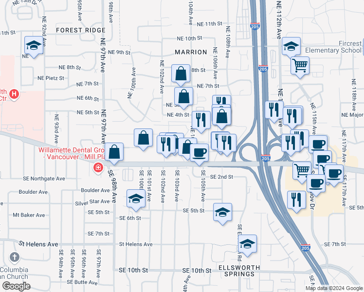 map of restaurants, bars, coffee shops, grocery stores, and more near 200 Northeast 104th Avenue in Vancouver