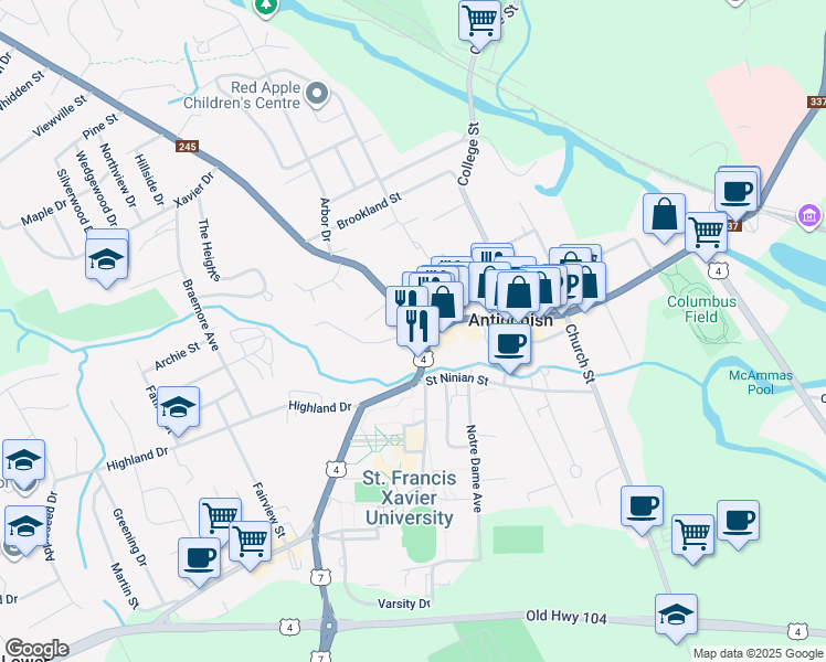 map of restaurants, bars, coffee shops, grocery stores, and more near 11 Hawthorne Street in Antigonish