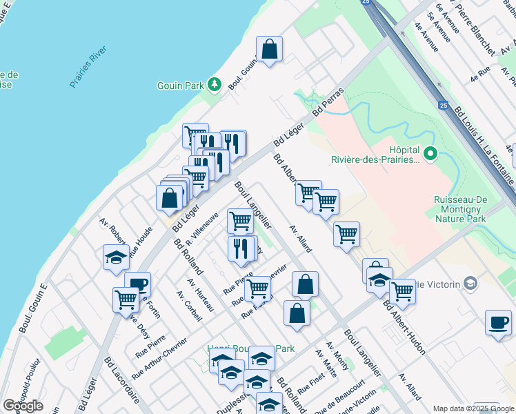 map of restaurants, bars, coffee shops, grocery stores, and more near 12465 Boulevard Langelier in Montreal
