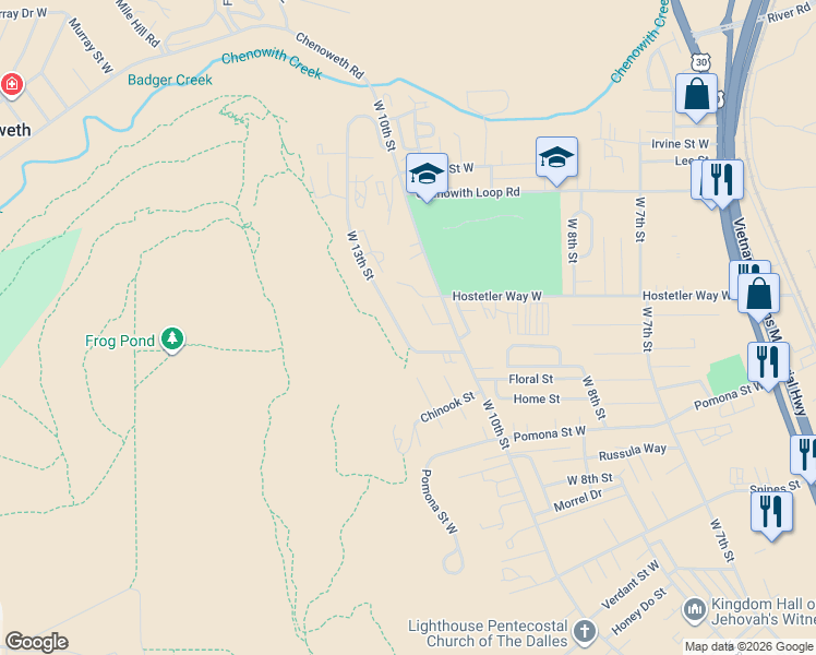 map of restaurants, bars, coffee shops, grocery stores, and more near 3325 West 13th Street in The Dalles