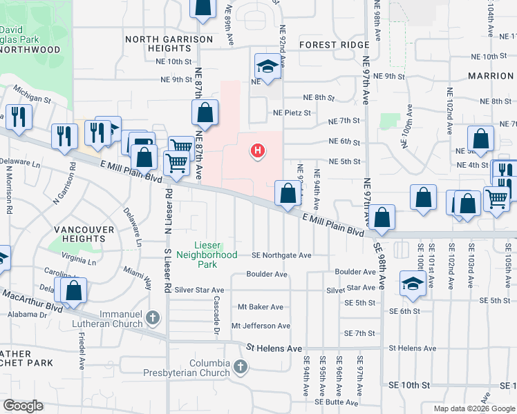 map of restaurants, bars, coffee shops, grocery stores, and more near 9003 East Mill Plain Boulevard in Vancouver