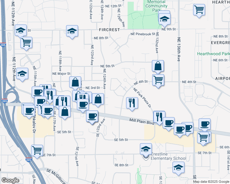 map of restaurants, bars, coffee shops, grocery stores, and more near 213 Northeast 124th Avenue in Vancouver