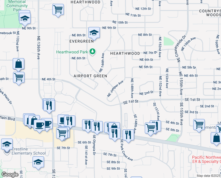 map of restaurants, bars, coffee shops, grocery stores, and more near 124 Northeast Juniper Avenue in Vancouver