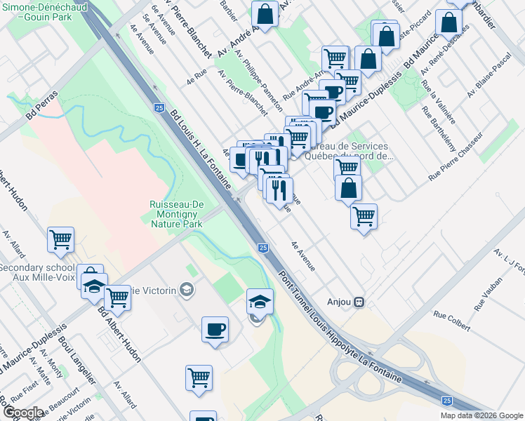 map of restaurants, bars, coffee shops, grocery stores, and more near 11770 4e Avenue in Montréal