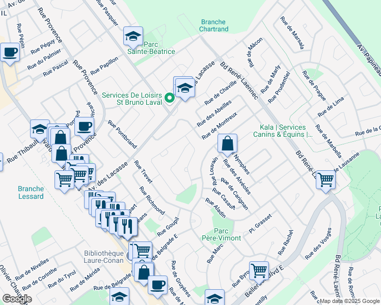 map of restaurants, bars, coffee shops, grocery stores, and more near 182 Rue d'Alexandrie in Laval