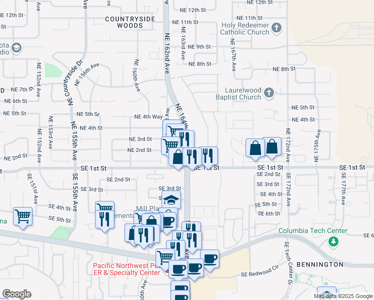 map of restaurants, bars, coffee shops, grocery stores, and more near 212 Northeast 164th Avenue in Vancouver