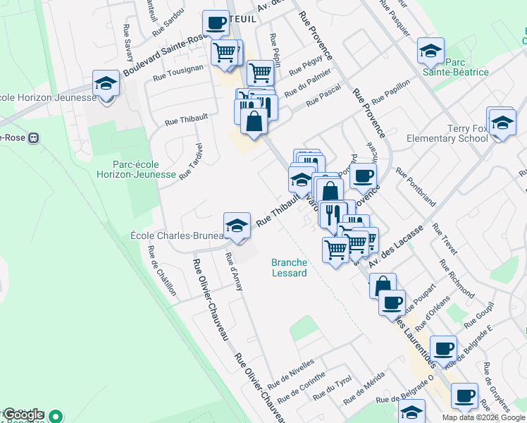 map of restaurants, bars, coffee shops, grocery stores, and more near Rue Thibault in Laval