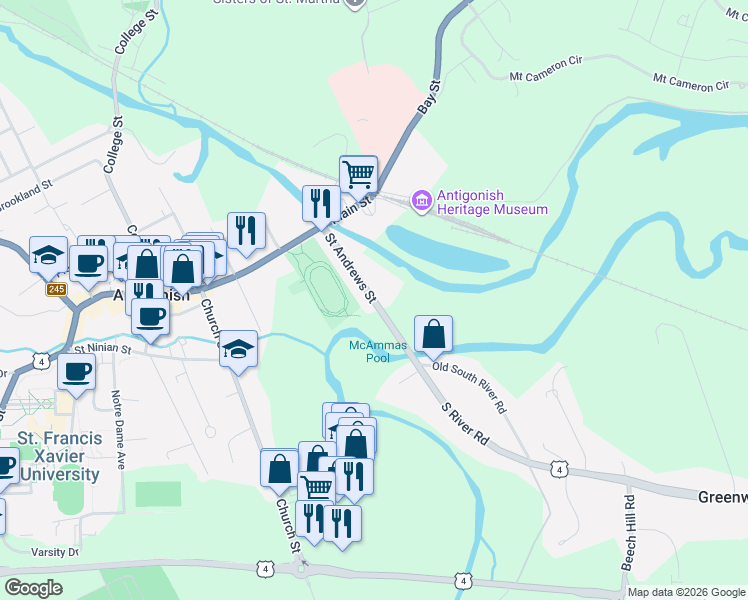map of restaurants, bars, coffee shops, grocery stores, and more near South River Road in Antigonish