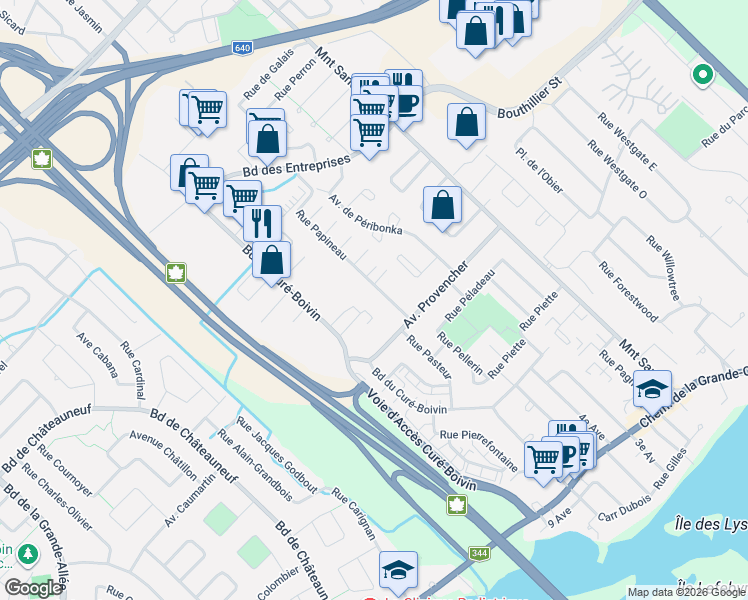 map of restaurants, bars, coffee shops, grocery stores, and more near 454 Rue Papineau in Boisbriand