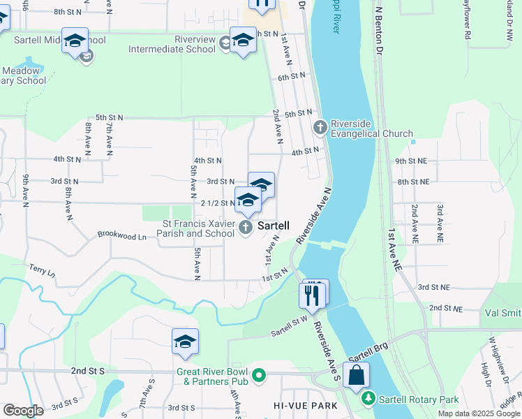 map of restaurants, bars, coffee shops, grocery stores, and more near 212 3rd Avenue North in Sartell