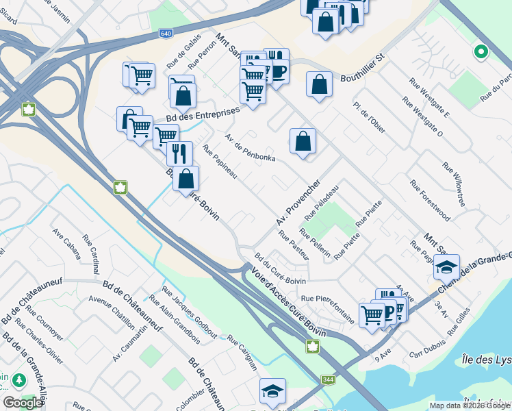 map of restaurants, bars, coffee shops, grocery stores, and more near 454 Rue Papineau in Boisbriand