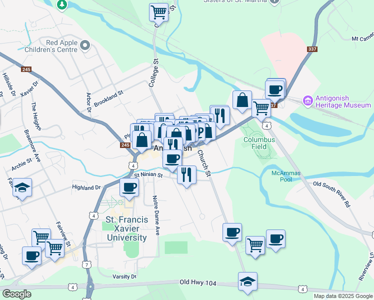 map of restaurants, bars, coffee shops, grocery stores, and more near 241 Main Street in Antigonish