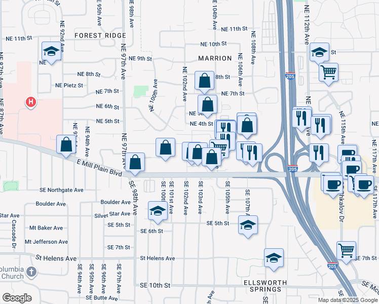 map of restaurants, bars, coffee shops, grocery stores, and more near 117 Northeast 102nd Avenue in Vancouver