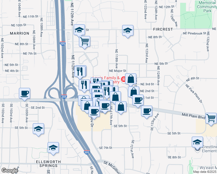 map of restaurants, bars, coffee shops, grocery stores, and more near 11619 Northeast 3rd Street in Vancouver
