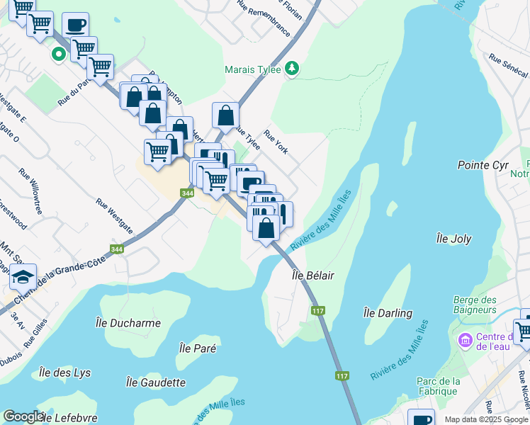 map of restaurants, bars, coffee shops, grocery stores, and more near 150 Rue Cloutier in Rosemère