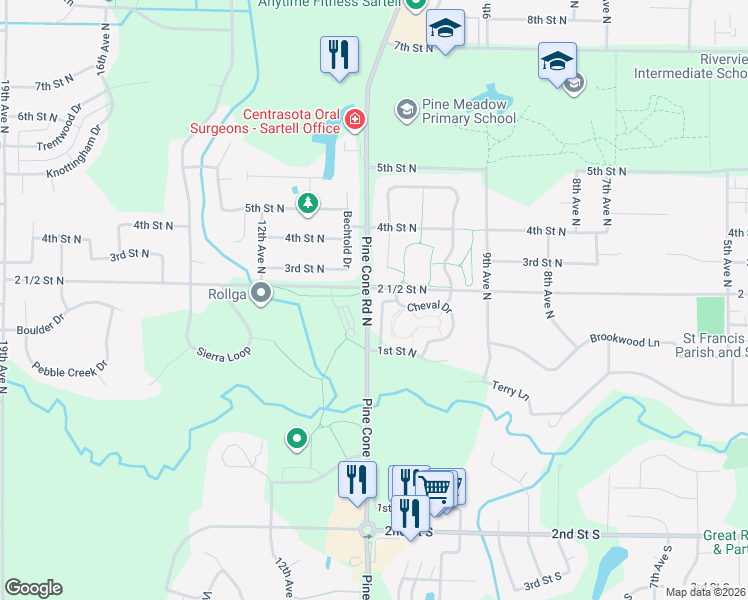 map of restaurants, bars, coffee shops, grocery stores, and more near 155 Bantam Road in Sartell