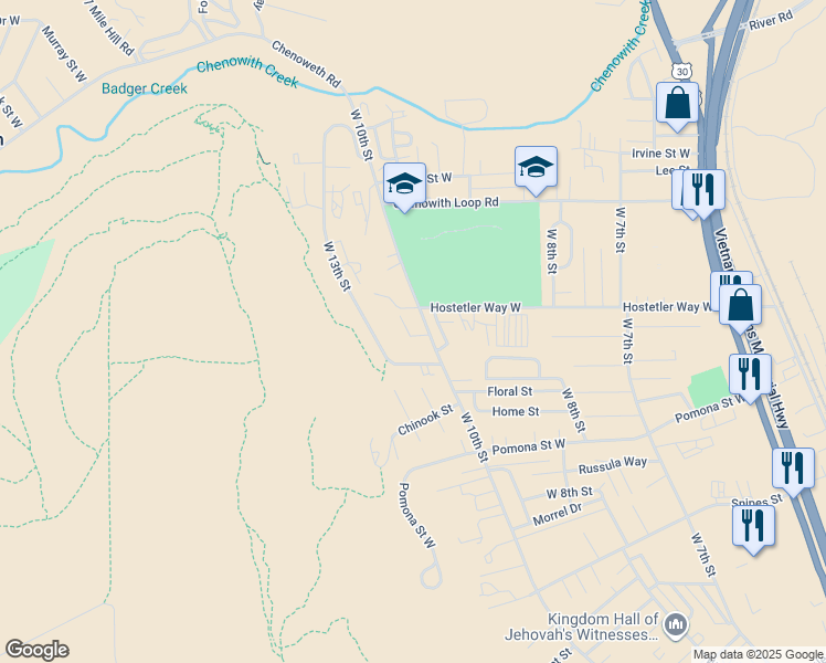 map of restaurants, bars, coffee shops, grocery stores, and more near 3326 West 10th Street in The Dalles