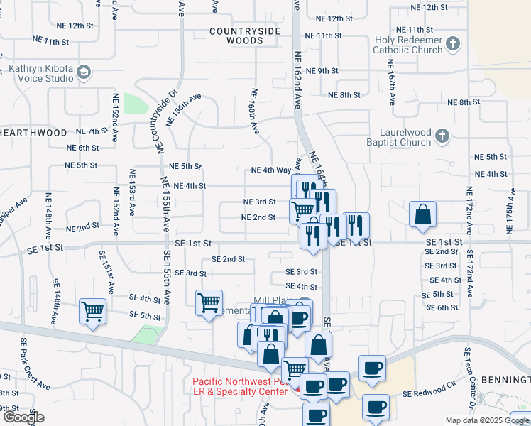 map of restaurants, bars, coffee shops, grocery stores, and more near 15918 Northeast 2nd Street in Vancouver