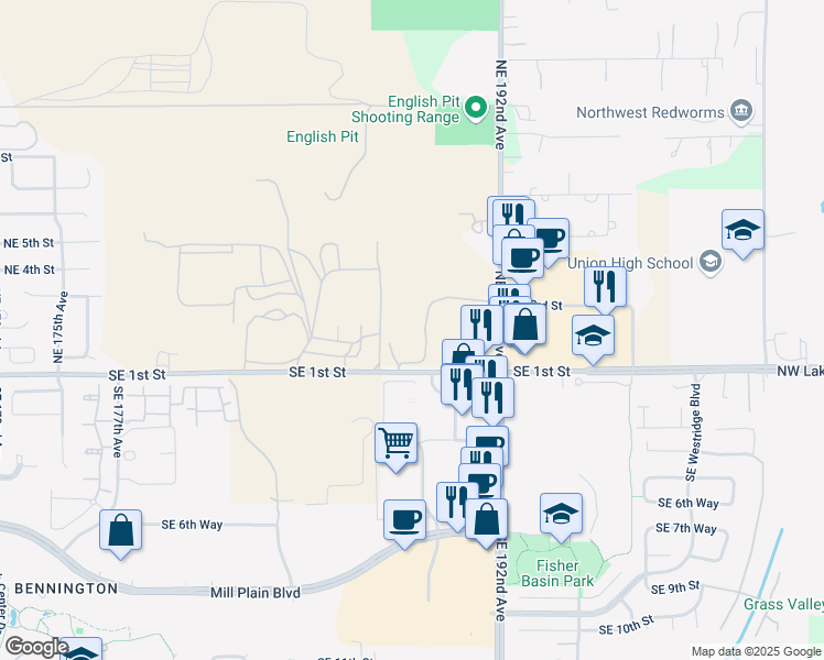 map of restaurants, bars, coffee shops, grocery stores, and more near 18606 Southeast 1st Street in Vancouver