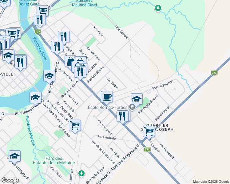 map of restaurants, bars, coffee shops, grocery stores, and more near Rue Plante in Saint-Hyacinthe