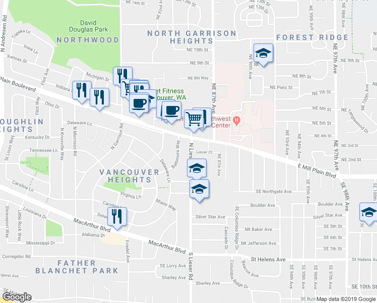 map of restaurants, bars, coffee shops, grocery stores, and more near 220 North Lieser Road in Vancouver
