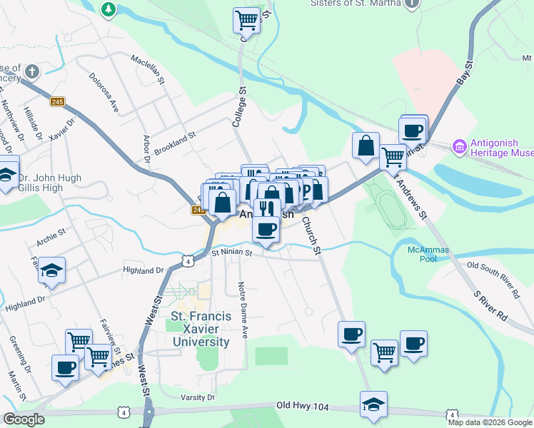 map of restaurants, bars, coffee shops, grocery stores, and more near in Antigonish