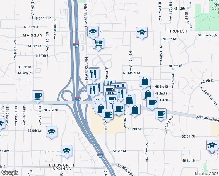 map of restaurants, bars, coffee shops, grocery stores, and more near 11504 Northeast 2nd Street in Vancouver