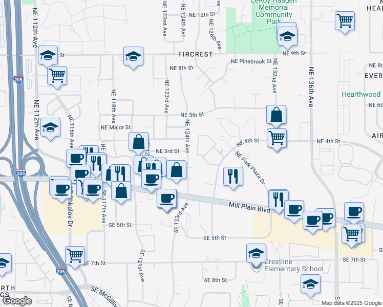 map of restaurants, bars, coffee shops, grocery stores, and more near 213 Northeast 124th Avenue in Vancouver