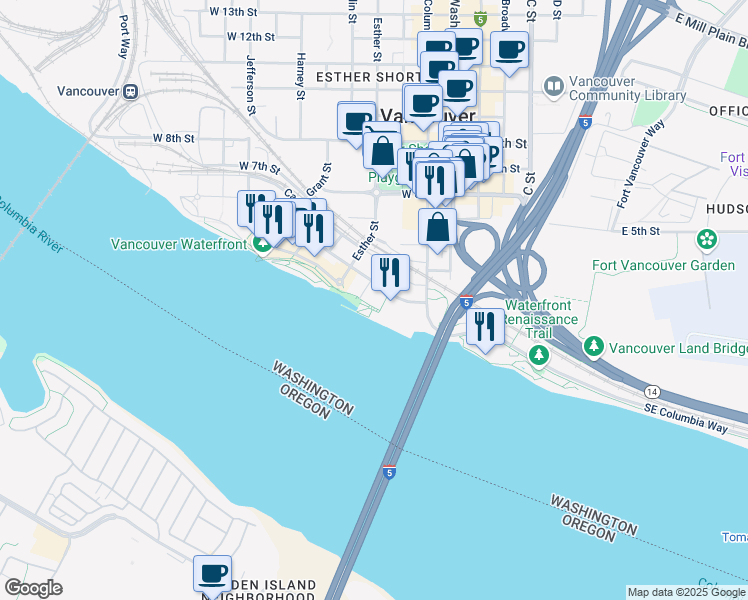 map of restaurants, bars, coffee shops, grocery stores, and more near 110 Columbia Street in Vancouver