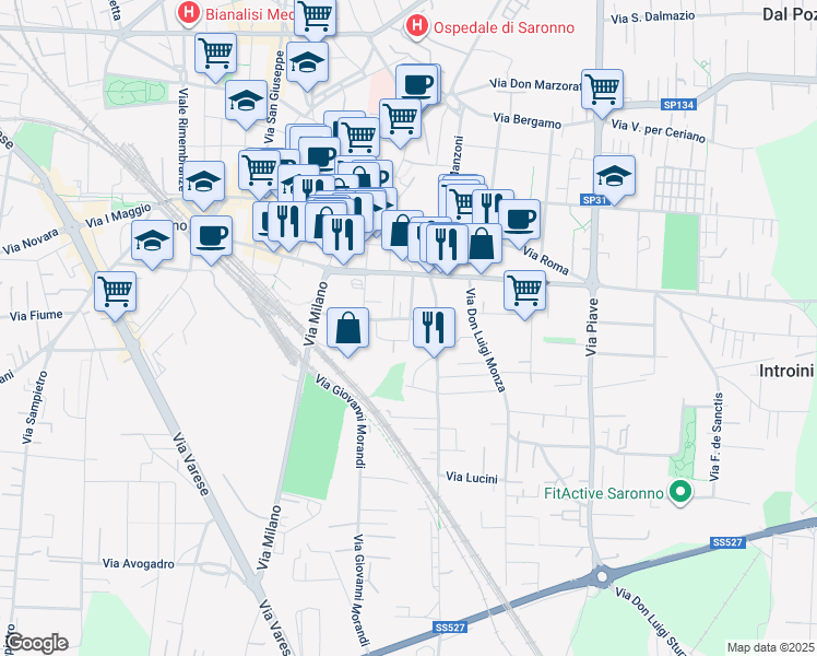 map of restaurants, bars, coffee shops, grocery stores, and more near 13 Via Stampa Soncino in Saronno