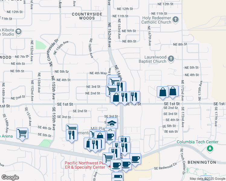 map of restaurants, bars, coffee shops, grocery stores, and more near 212 Northeast 164th Avenue in Vancouver