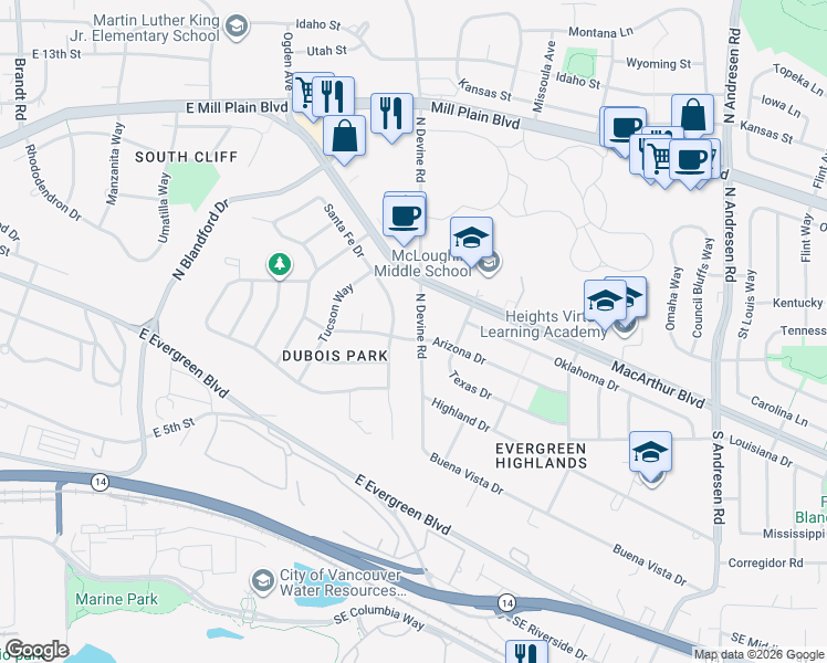 map of restaurants, bars, coffee shops, grocery stores, and more near 5500 Arizona Drive in Vancouver