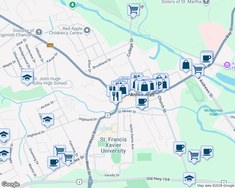 map of restaurants, bars, coffee shops, grocery stores, and more near 12 Hawthorne Street in Antigonish