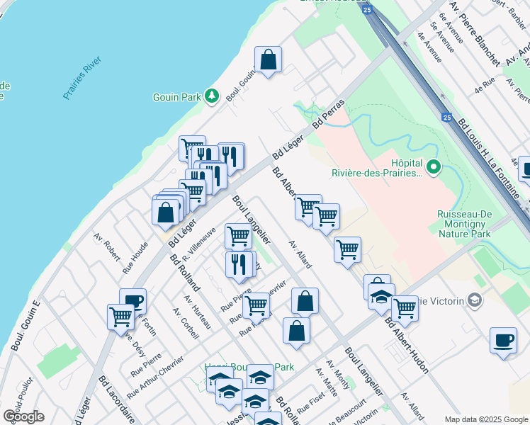 map of restaurants, bars, coffee shops, grocery stores, and more near 12424 Avenue Allard in Montréal