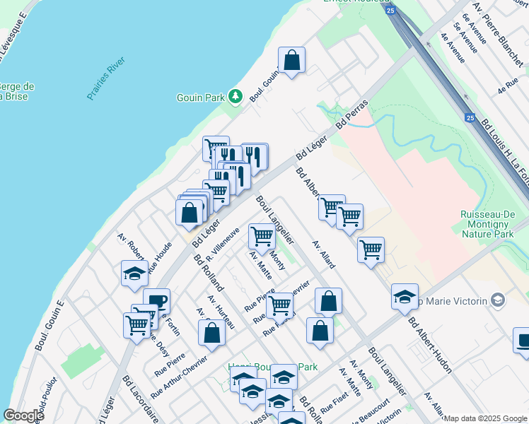 map of restaurants, bars, coffee shops, grocery stores, and more near 12520 Boulevard Langelier in Montréal