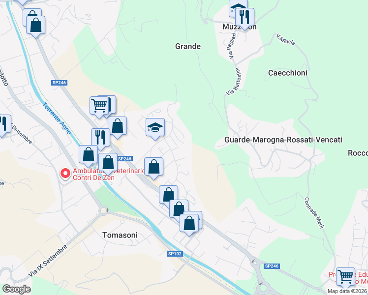 map of restaurants, bars, coffee shops, grocery stores, and more near 26 Via Giacomo Leopardi in Cornedo Vicentino