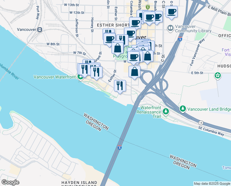 map of restaurants, bars, coffee shops, grocery stores, and more near 110 Columbia Street in Vancouver