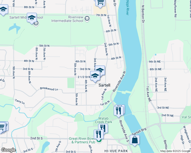 map of restaurants, bars, coffee shops, grocery stores, and more near 212 3rd Avenue North in Sartell
