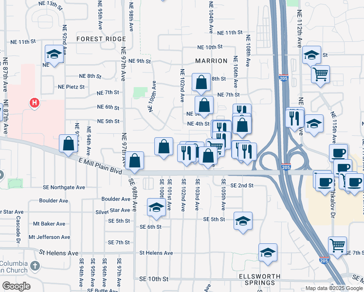 map of restaurants, bars, coffee shops, grocery stores, and more near 10117 Northeast 3rd Street in Vancouver
