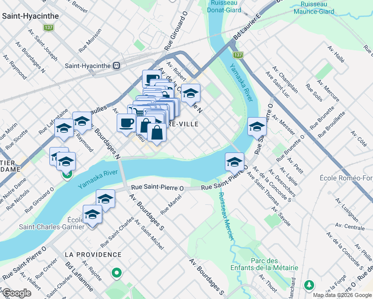 map of restaurants, bars, coffee shops, grocery stores, and more near 179 Avenue Saint-Simon in Saint-Hyacinthe