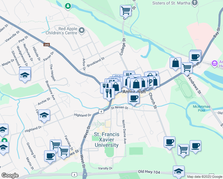 map of restaurants, bars, coffee shops, grocery stores, and more near 15 Acadia Street in Antigonish