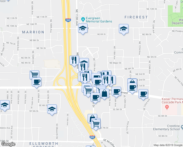 map of restaurants, bars, coffee shops, grocery stores, and more near 11504 Northeast 2nd Street in Vancouver