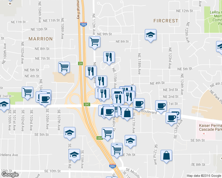 map of restaurants, bars, coffee shops, grocery stores, and more near 221 Northeast Chkalov Drive in Vancouver
