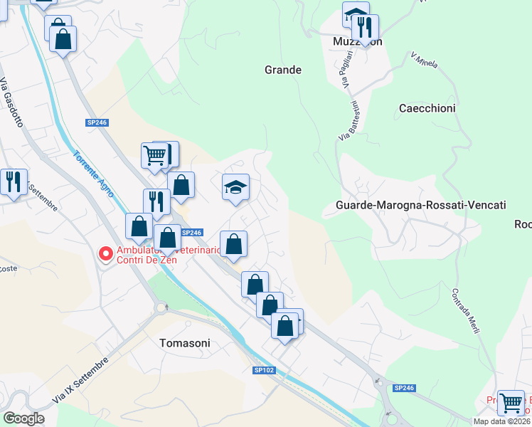 map of restaurants, bars, coffee shops, grocery stores, and more near 26 Via Giacomo Leopardi in Cornedo Vicentino
