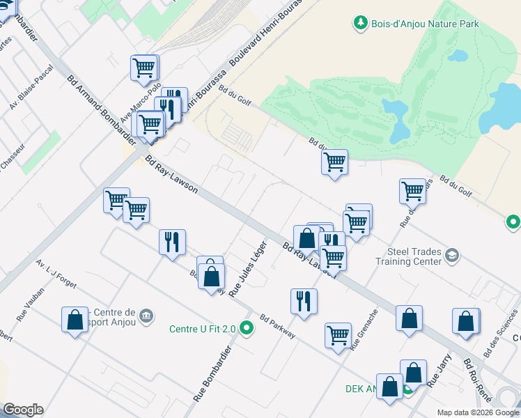 map of restaurants, bars, coffee shops, grocery stores, and more near 10551 Boulevard Ray-Lawson in Montréal