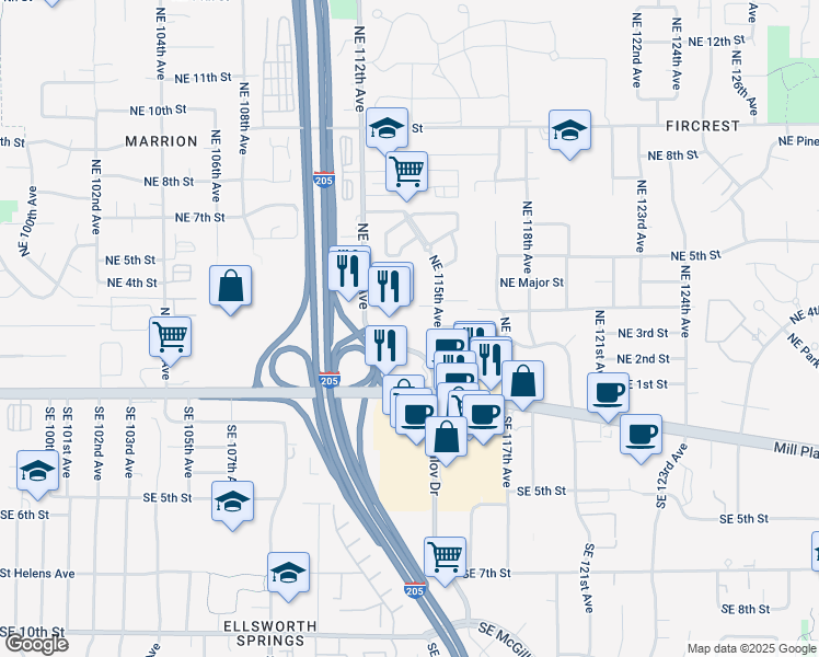 map of restaurants, bars, coffee shops, grocery stores, and more near 221 Northeast Chkalov Drive in Vancouver