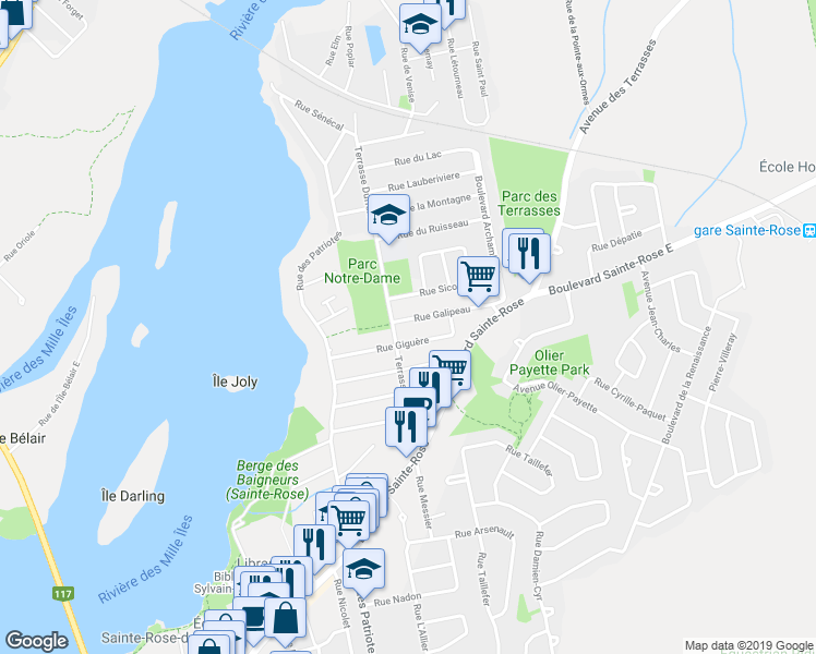 map of restaurants, bars, coffee shops, grocery stores, and more near 25 Rue Galipeau in Laval