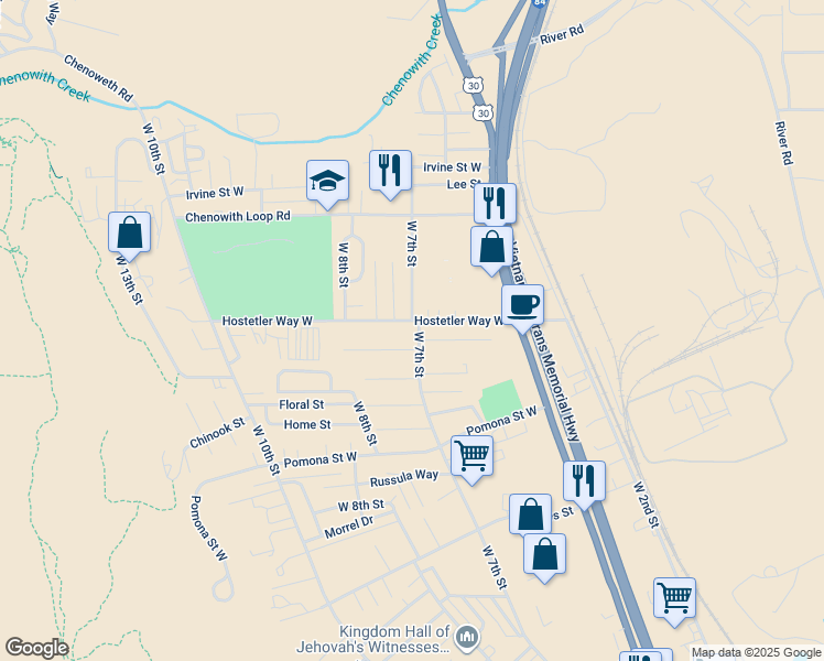 map of restaurants, bars, coffee shops, grocery stores, and more near 811 Garden Court in The Dalles