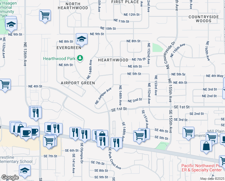map of restaurants, bars, coffee shops, grocery stores, and more near 214 Northeast 148th Place in Vancouver